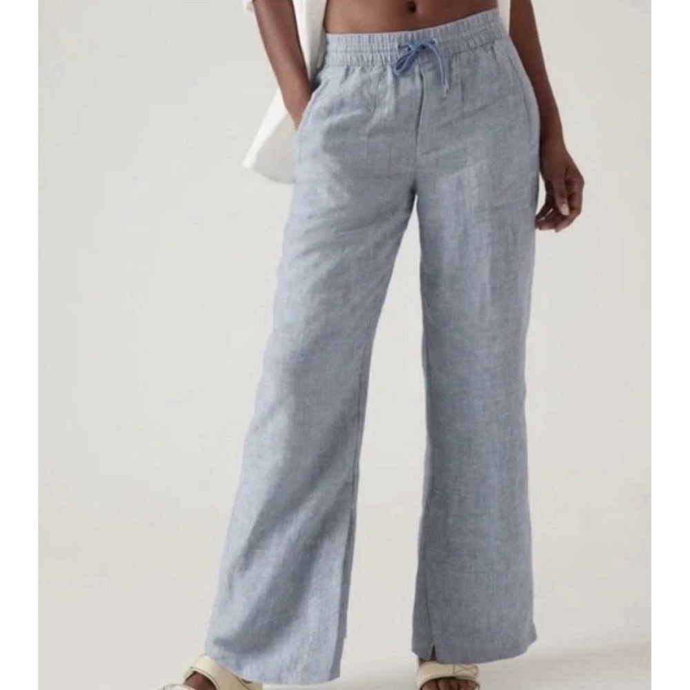 Athleta 16 Retreat Linen High Rise Wide Leg Pants Chambray Blue Relaxed Pull On